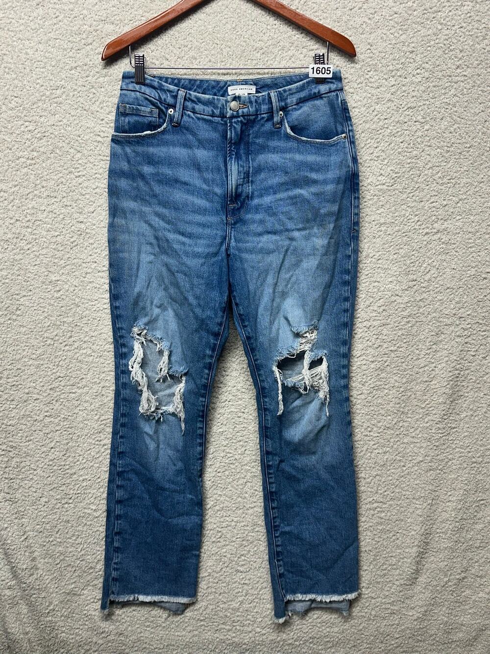 Good American Good Icon Distressed Straight Leg Jeans Size 8/29 Indigo Raw Hem